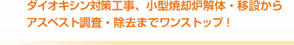 ダイオキシン対策工事、小型焼却炉解体・移設から
アスベスト調査・除去までワンストップ！